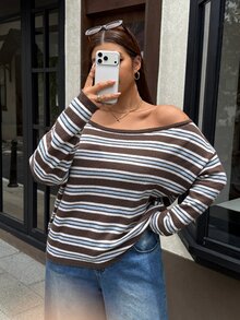 Muchica Spring/Autumn Casual Retro Vintage 70s Brown Striped Dropped Shoulder Loose Sweater Diagonal Shoulder For Warmth And Comfort For Women Night Holiday - Multicolor - View 1
