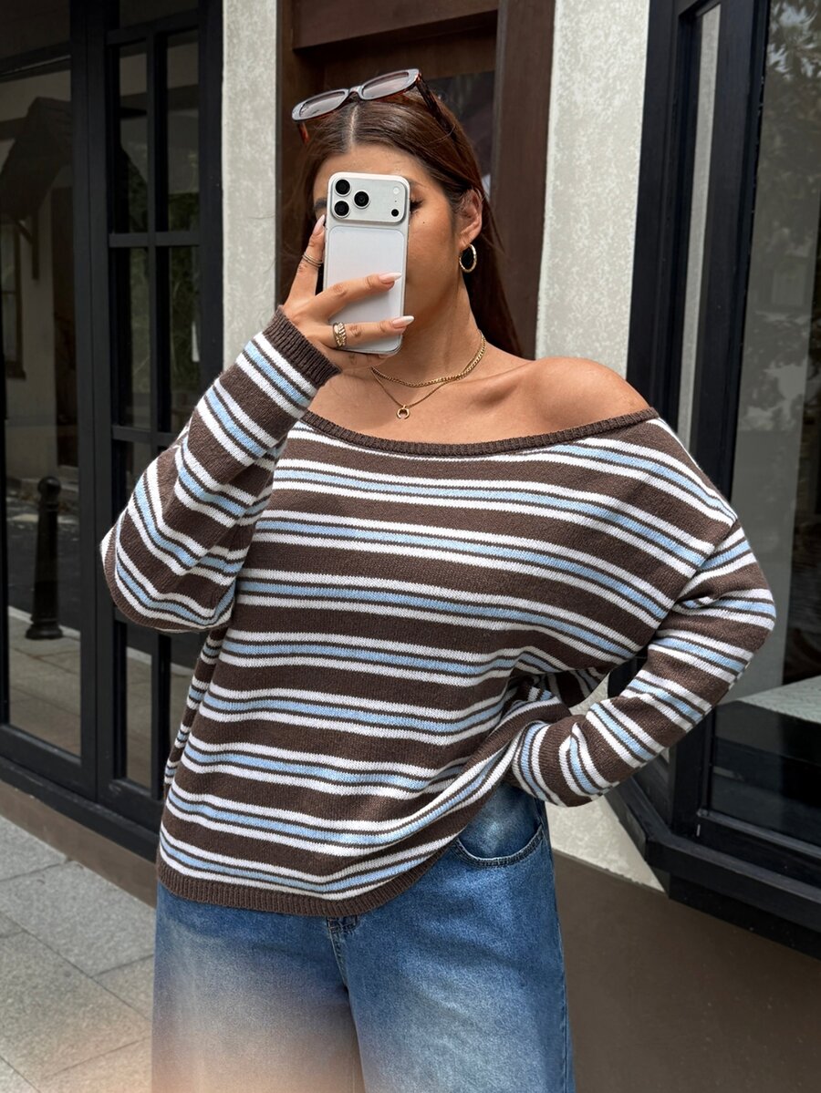 Muchica Spring/Autumn Casual Retro Vintage 70s Brown Striped Dropped Shoulder Loose Sweater Diagonal Shoulder For Warmth And Comfort For Women Night Holiday - Multicolor - View 1