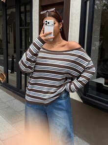 Muchica Spring/Autumn Casual Retro Vintage 70s Brown Striped Dropped Shoulder Loose Sweater Diagonal Shoulder For Warmth And Comfort For Women Night Holiday - Multicolor - View 7