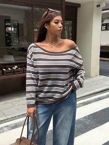 Muchica Spring/Autumn Casual Retro Vintage 70s Brown Striped Dropped Shoulder Loose Sweater Diagonal Shoulder For Warmth And Comfort For Women Night Holiday - Multicolor - View 5