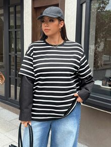 Muchica Plus Size Women's Striped Round Neck Drop Shoulder Long Sleeve Casual T-Shirt - Black - View 4
