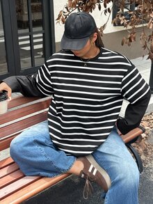 Muchica Plus Size Women's Striped Round Neck Drop Shoulder Long Sleeve Casual T-Shirt - Black - View 1