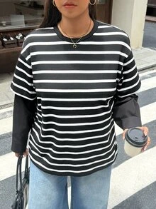 Muchica Plus Size Women's Striped Round Neck Drop Shoulder Long Sleeve Casual T-Shirt - Black - View 6