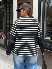 Muchica Plus Size Women's Striped Round Neck Drop Shoulder Long Sleeve Casual T-Shirt - Black - View 2