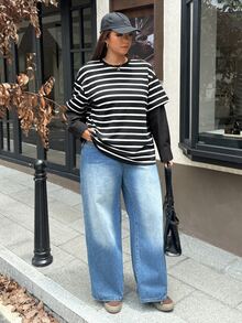 Muchica Plus Size Women's Striped Round Neck Drop Shoulder Long Sleeve Casual T-Shirt - Black - View 3