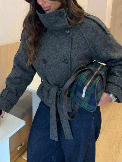 Aloruh Women's Elegant High Neck Fitted Cropped Solid Dark Grey Overcoat,Women Winter Coat,Winter Winter Outwear,Cozy,Winter Outfit For Women, Winter Jacket