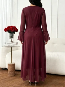 Modelyn Gaun Wanita Merah Jala Elegan Ukuran Plus - Merah - View 3