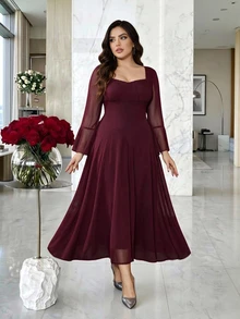 Modelyn Gaun Wanita Merah Jala Elegan Ukuran Plus - Merah - View 6