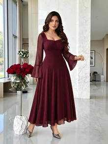 Modelyn Gaun Wanita Merah Jala Elegan Ukuran Plus - Merah - View 7