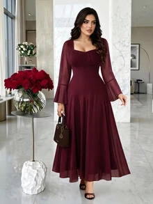 Modelyn Gaun Wanita Merah Jala Elegan Ukuran Plus - Merah - View 4
