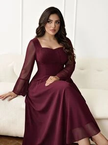 Modelyn Gaun Wanita Merah Jala Elegan Ukuran Plus - Merah - View 5