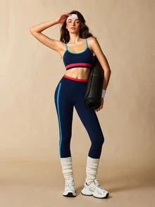 VARSIVA Women's Long Sleeve Cropped Top, Striped Bra And Leggings Sports Set - Multicolor - View 8