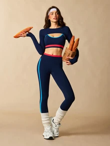VARSIVA Women's Long Sleeve Cropped Top, Striped Bra And Leggings Sports Set - Multicolor - View 10