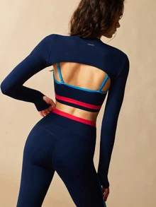 VARSIVA Women's Long Sleeve Cropped Top, Striped Bra And Leggings Sports Set - Multicolor - View 6
