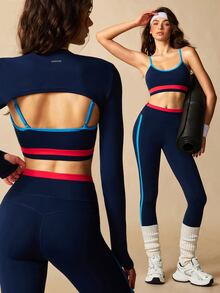 VARSIVA Women's Long Sleeve Cropped Top, Striped Bra And Leggings Sports Set - Multicolor - View 2