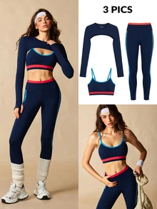 VARSIVA Women's Long Sleeve Cropped Top, Striped Bra And Leggings Sports Set - Multicolor - View 12