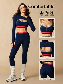 VARSIVA Women's Long Sleeve Cropped Top, Striped Bra And Leggings Sports Set - Multicolor - View 13