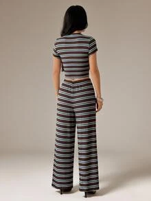 SHEIN PETITE Women's Striped Short Sleeve Top And Long Pants Casual Daily 2 Pieces Set - Multicolor - View 2