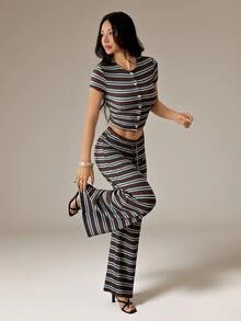 SHEIN PETITE Women's Striped Short Sleeve Top And Long Pants Casual Daily 2 Pieces Set - Multicolor - View 6