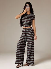 SHEIN PETITE Women's Striped Short Sleeve Top And Long Pants Casual Daily 2 Pieces Set - Multicolor - View 4