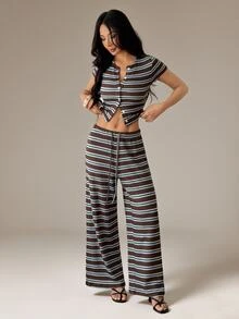 SHEIN PETITE Women's Striped Short Sleeve Top And Long Pants Casual Daily 2 Pieces Set - Multicolor - View 3