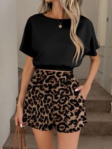 SHEIN LUNE Women's Casual Streetwear Comfortable Vacation Chic Commute Abstract Geometric Line Pattern Crop Top And Shorts 2 Pieces Set Spring/Summer Black Beige - Multicolor - View 5