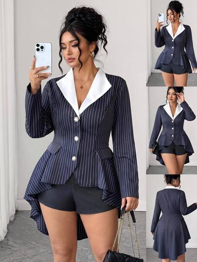 Elenzga Plus Size Women's Navy Blue Striped Fabric Contrast Patchwork Large Lapel Regular Shoulder Long Sleeve Front Metal Button Decor Cinched Waist A-Line Slimming Front Short Back Long Swallowtail Hem Elegant Fashion Casual Commute Jacket