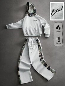 ROMWE MEN Street Life 男士拼接迷彩條紋藝術字母刺繡寬鬆連帽衛衣套裝（隨機花卉圖案） - 彩色 - 查看 6