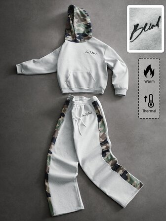 Street Life Men's Patchwork Camo Striped Artistic Letter Embroidery Loose Hoodie Sweatshirt Set (Random Floral Pattern)