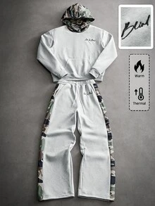 ROMWE MEN Street Life 男士拼接迷彩條紋藝術字母刺繡寬鬆連帽衛衣套裝（隨機花卉圖案） - 彩色 - 查看 1
