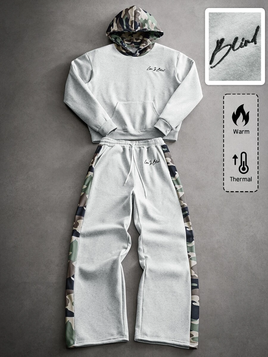 ROMWE MEN Street Life 男士拼接迷彩條紋藝術字母刺繡寬鬆連帽衛衣套裝（隨機花卉圖案） - 彩色 - 查看 1