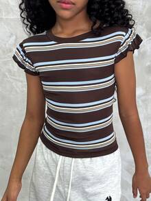 T-shirt d'été streetwear pour préadolescentes avec bordure à volants, unicolore et rayé, pour les vacances - Marron - Voir 5