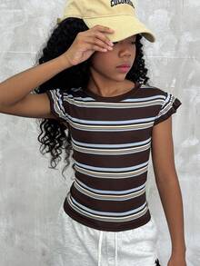 T-shirt d'été streetwear pour préadolescentes avec bordure à volants, unicolore et rayé, pour les vacances - Marron - Voir 4