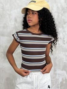 T-shirt d'été streetwear pour préadolescentes avec bordure à volants, unicolore et rayé, pour les vacances - Marron - Voir 1