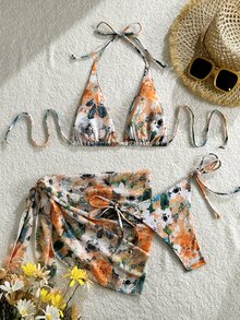 Livesso Women's Summer Beach All-Over Print Halter Tie Sexy Bikini & Triangle Bottom Two-Piece Swimwear Set With Mini Skirt - Multicolor - View 2