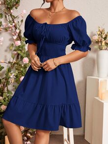 Rafferiza Women's Summer Solid Color Front-Tie Short Puff Sleeve Ruffle Hem Elegant Dress - Navy Blue - View 3