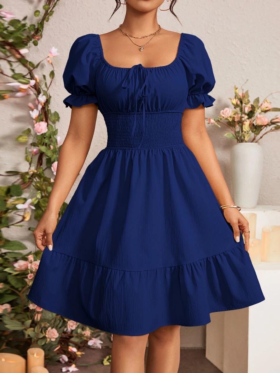 Rafferiza Women's Summer Solid Color Front-Tie Short Puff Sleeve Ruffle Hem Elegant Dress - Navy Blue - View 1