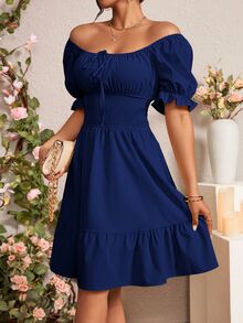 Rafferiza Women's Summer Solid Color Front-Tie Short Puff Sleeve Ruffle Hem Elegant Dress - Navy Blue - View 4