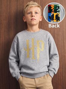 PrepCrw HARRY POTTER X SHEIN 兒童青少年男孩休閒圖案優雅時尚精緻舒適寬鬆針織灰色字母印花圓領套頭衛衣 秋季返校穿搭 - 灰色 - 查看 9