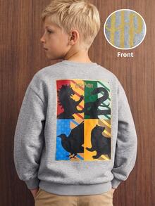 PrepCrw HARRY POTTER X SHEIN 兒童青少年男孩休閒圖案優雅時尚精緻舒適寬鬆針織灰色字母印花圓領套頭衛衣 秋季返校穿搭 - 灰色 - 查看 1