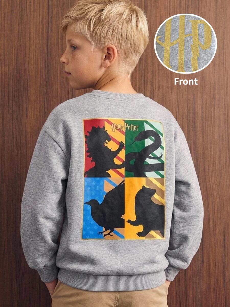 PrepCrw HARRY POTTER X SHEIN 兒童青少年男孩休閒圖案優雅時尚精緻舒適寬鬆針織灰色字母印花圓領套頭衛衣 秋季返校穿搭 - 灰色 - 查看 1
