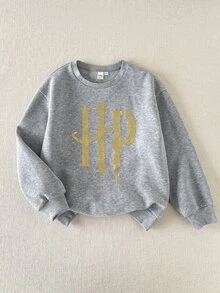 PrepCrw HARRY POTTER X SHEIN 兒童青少年男孩休閒圖案優雅時尚精緻舒適寬鬆針織灰色字母印花圓領套頭衛衣 秋季返校穿搭 - 灰色 - 查看 7
