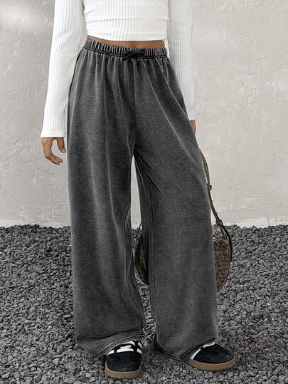 Coolane Kids Tween Girl Washed Dark Grey Sweatpants,Summer Streetwear School Chic Loose Front Tie Casual Daily Wear Essentials,Fall/Winter Christmas New Year