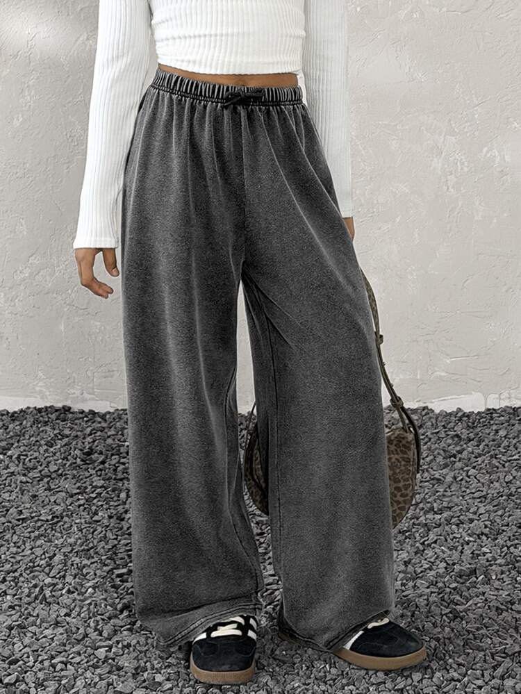 Coolane Kids Tween Girl Washed Dark Grey Sweatpants,Summer Streetwear School Chic Loose Front Tie Casual Daily Wear Essentials,Fall/Winter Christmas New Year - Black - View 1