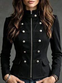INAWLY Women's Solid Color Long Sleeve Zipper Placket Button Front Jacket - Black - View 1