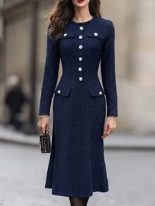 SHEIN Women's Spring/Autumn/Winter Vintage Tweed Dress, Metal Button Design,Elegant Casual Autumn Outfits,Fall Clothers For Office/Date/Christmas Party - Navy Blue - View 7