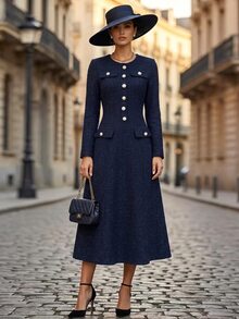 SHEIN Women's Spring/Autumn/Winter Vintage Tweed Dress, Metal Button Design,Elegant Casual Autumn Outfits,Fall Clothers For Office/Date/Christmas Party - Navy Blue - View 6