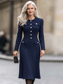 SHEIN Women's Spring/Autumn/Winter Vintage Tweed Dress, Metal Button Design,Elegant Casual Autumn Outfits,Fall Clothers For Office/Date/Christmas Party - Navy Blue - View 5