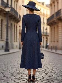 SHEIN Women's Spring/Autumn/Winter Vintage Tweed Dress, Metal Button Design,Elegant Casual Autumn Outfits,Fall Clothers For Office/Date/Christmas Party - Navy Blue - View 3