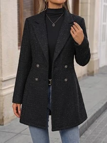 SHEIN 女款都市亮片粗花呢西裝外套，收腰雙排扣金屬鈕扣優雅秋季穿搭，適合約會、辦公室、度假、派對休閒秋冬大衣 - 彩色 - 查看 8